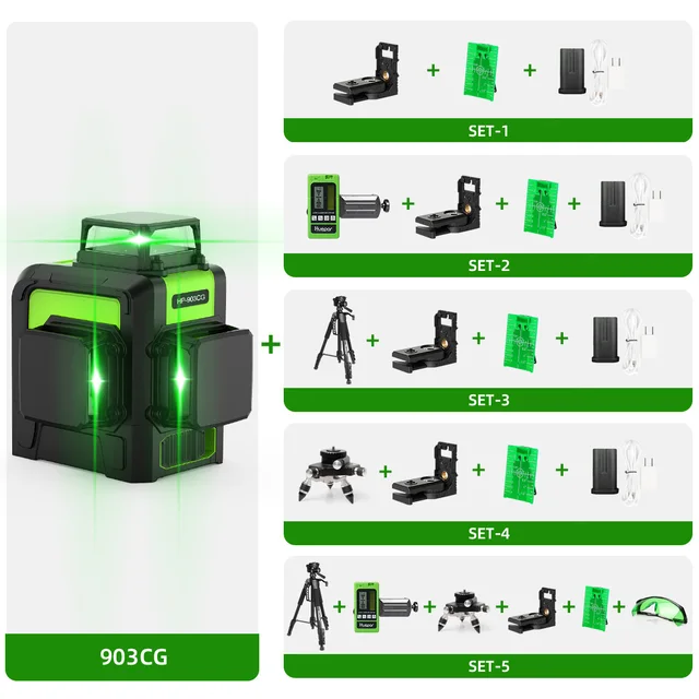 Huepar クロスライン用の3Dレーザーレベル12ライン osramグリーンレーザー セルフレベリング 360垂直水平および三脚レベリング SET-5 Huepar 1年間保証 2×360°グリーンレーザー墨出し器 クロス