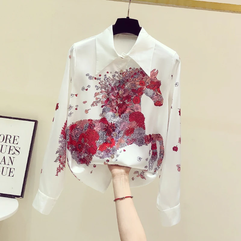 

Атласные белые женские рубашки с принтом, Летний Новый дизайн 2023, отложной воротник, тонкая элегантная Офисная Женская верхняя одежда, топы