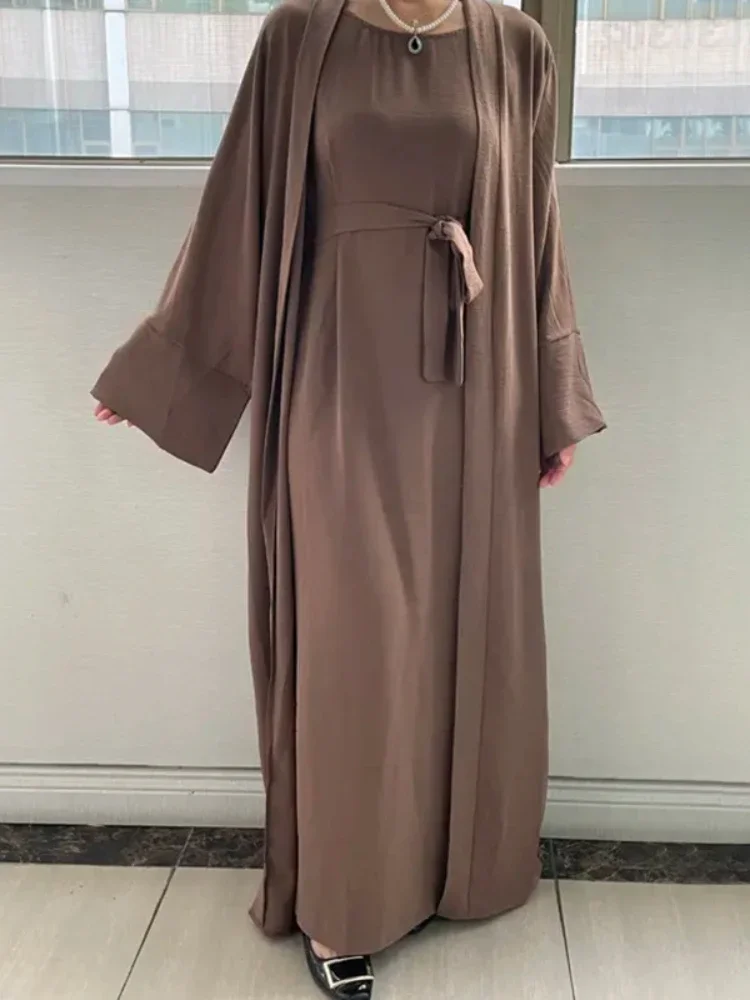 

2 Piece Open Abaya Matching Muslim Sets Hijab Dress Plain Eid Abayas for Women Dubai Turkey Inner Dresses Ramadan Islam Clothing