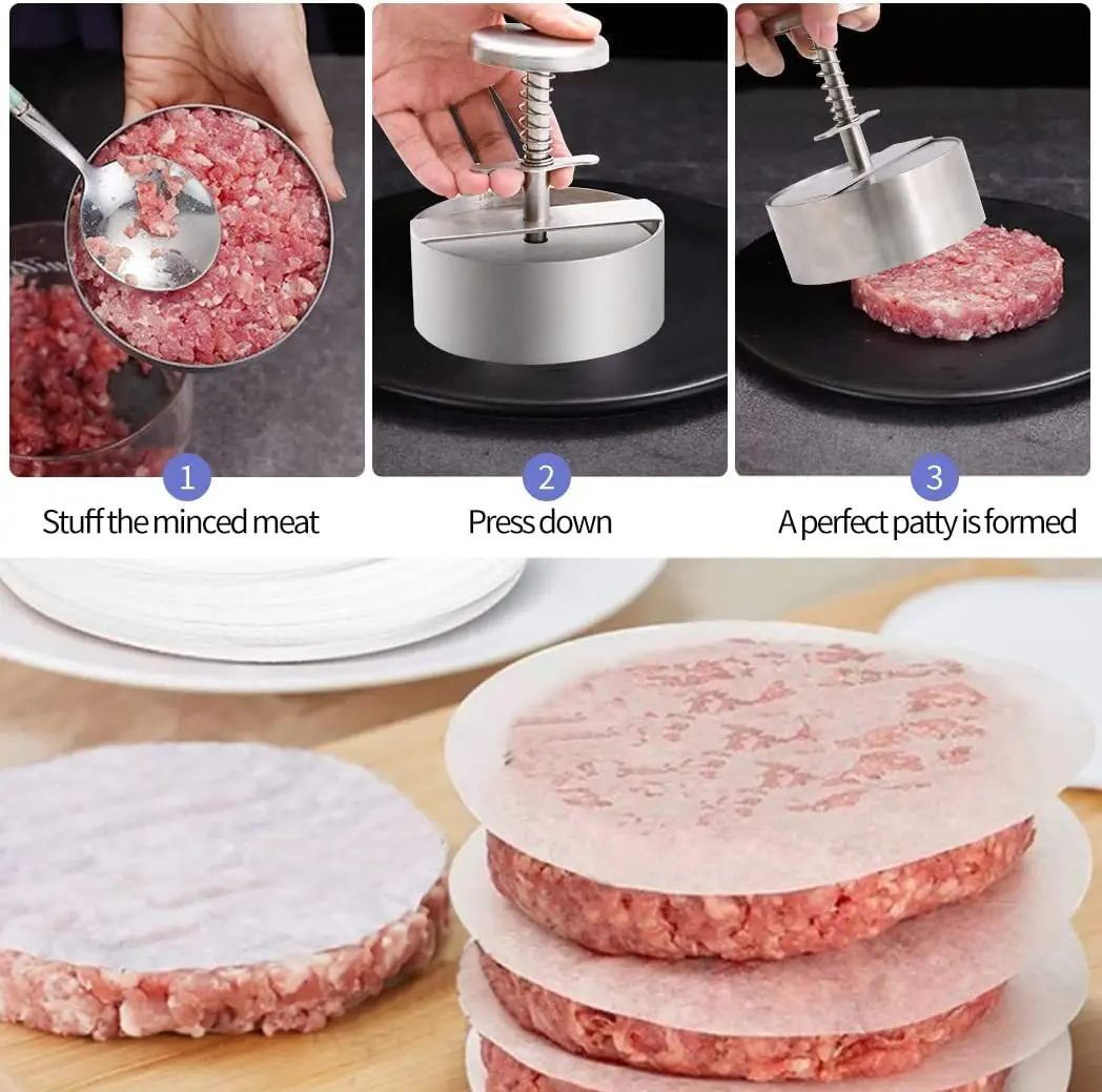 Burger Press Round Shape Stainless Steel Non-Stick Adjustable Hamburger Patty Maker Patty Making Mold Kitchen Tool
