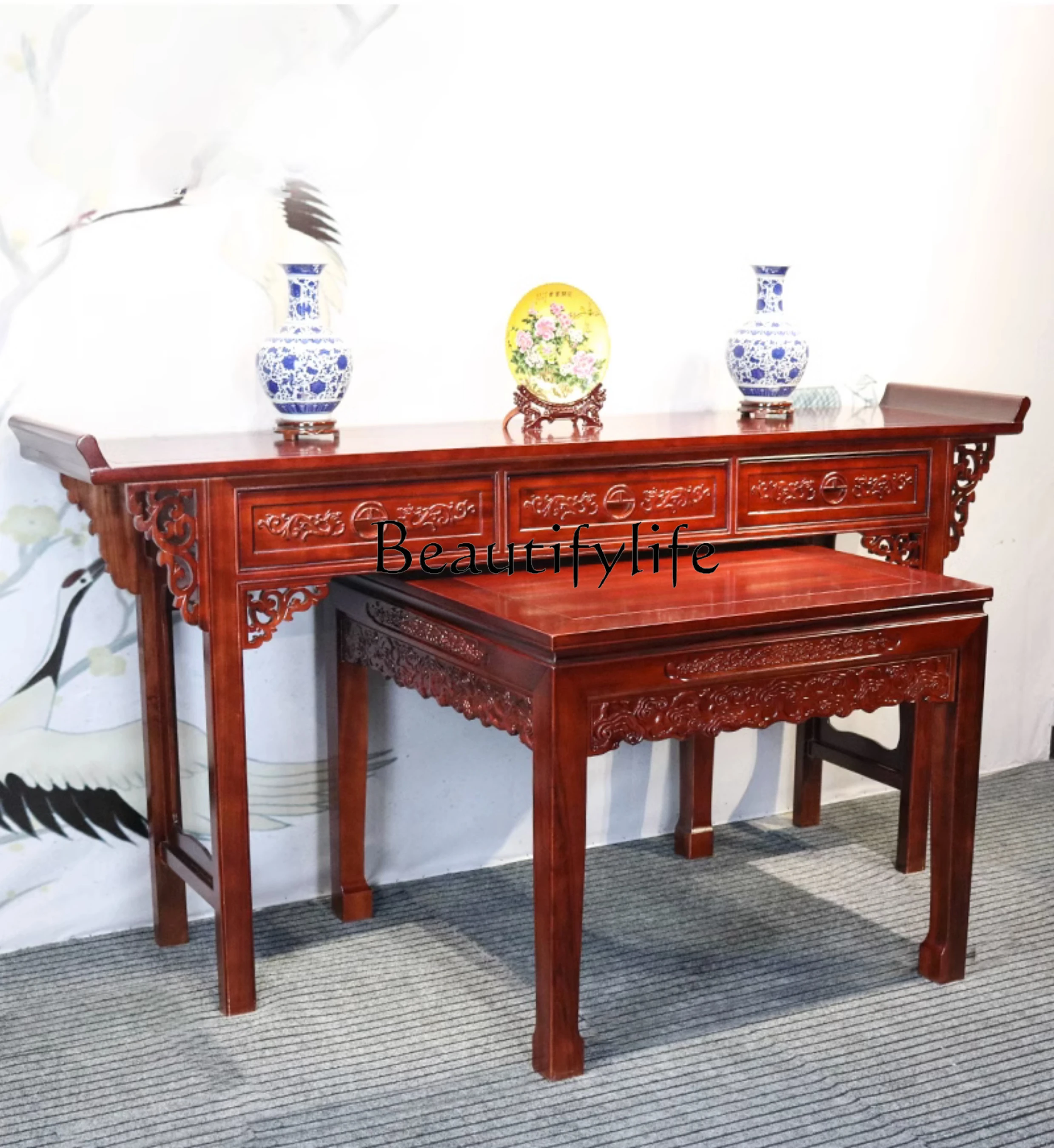 

Zhongtang Six-Piece Chinese Solid Wood Antique Altar Hall Old-Fashioned Square Table for Eight People