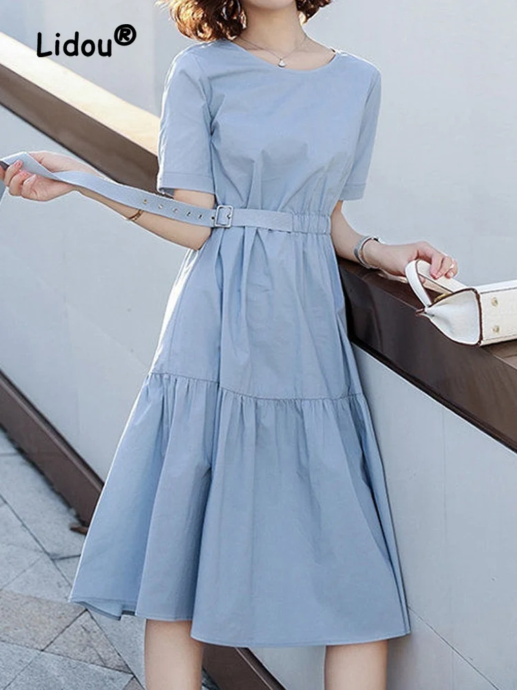 

2022 New Light Cooked Style A-line Skirt Women Short Sleeve Small French Pleated Waist Straps Solid Fashion All-match Dress