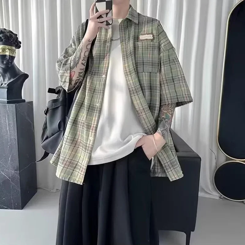 Summer Y2K Vintage Short Sleeve Shirt For Men Loose Appliques Polos Lapel Plaid Tee Shirts Pocket Blouse casual short sleeved shirt short sleeved shirt