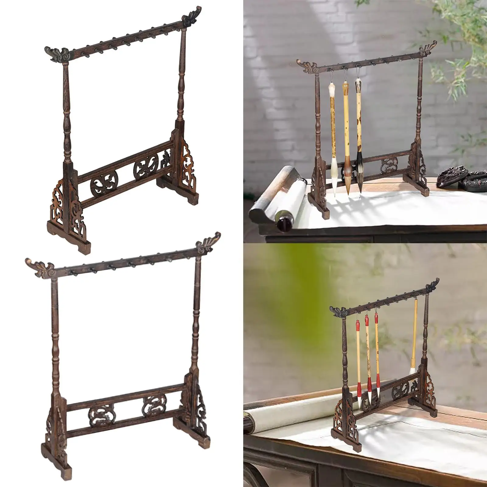 Wood Carving Calligraphy Brush Holder Antique Style Brush Stand Hanger 14/16Hook Traditional Chinese Painting Writing Pen Holder