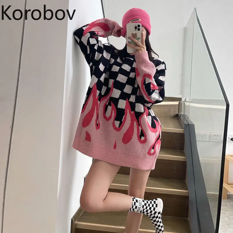 Korobov Korean Oversize Fire Knitted Sweaters Autumn Winter New High Street Plaid Pullovers Japanese Harajuku Sueter Mujer | Женская