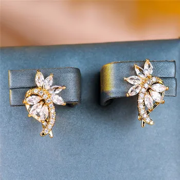 Cute Female White Zircon Stone Clip Earrings Vintage Gold Color Wedding Jewelry For Women