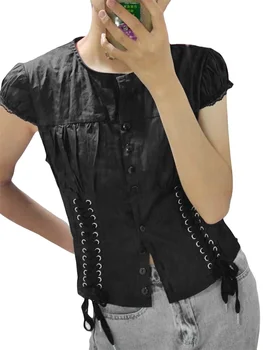 Women Lace Tops 1/4 Sleeve Round Neck Ruffle Buttons Party Casual Spring Summer Black Shirt 3