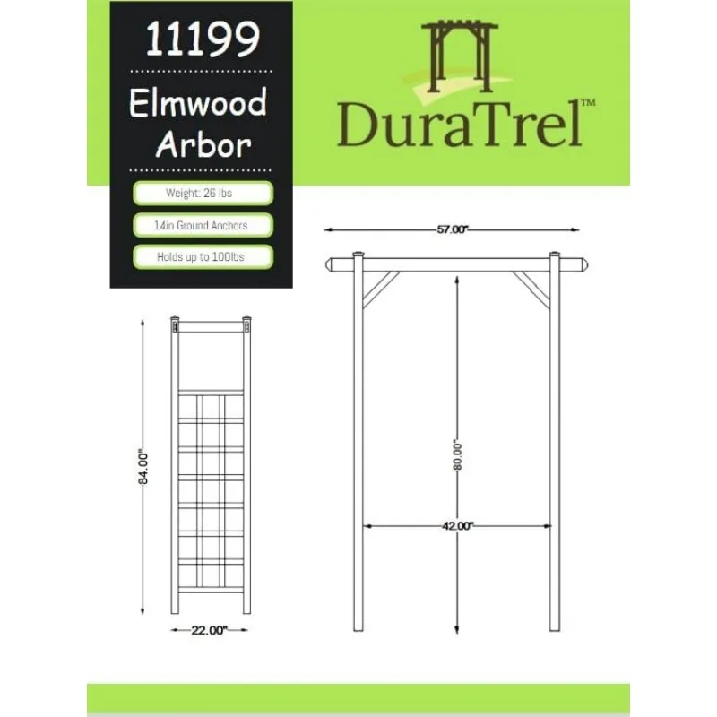 Elmwood Arbor, 57 by 84 Inch PVC Patio Garden Arch, Outdoor Lattice Frame Decoration or Trellis for Climbing Plants, White