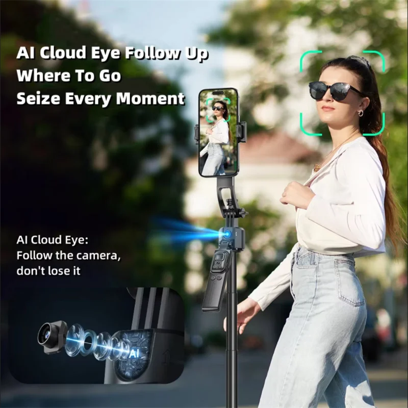 Gimbal vert avec téléphone fixé, montrant les axes de rotation pour une stabilisation à 360 degrés.