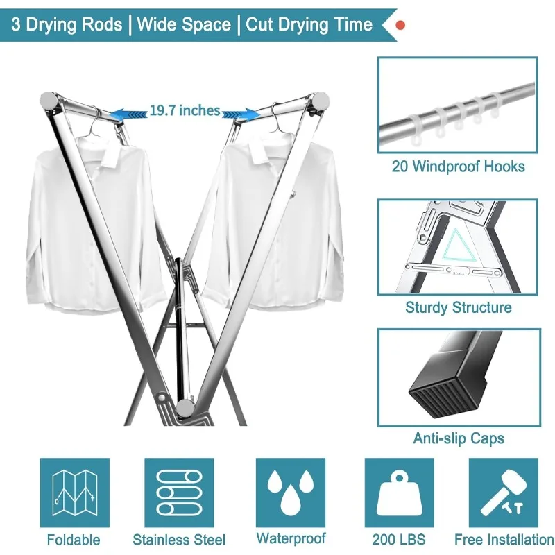 79 Inches Clothes Drying Rack, Stainless Steel Garment Rack Adjustable and Foldable Space Saving Laundry Drying Rack for Indoor 3