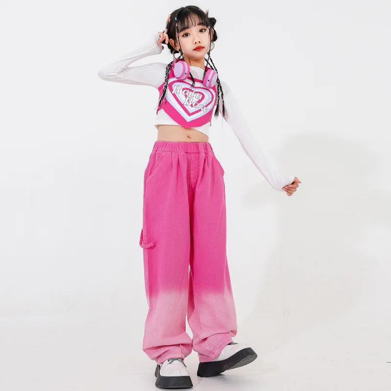 

Kids Modern Jazz Dance Clothes Suits Girls Pink Sets Crop Tops Pants Teen Hip Hop Performance Costume Ballroom Practice Clothing