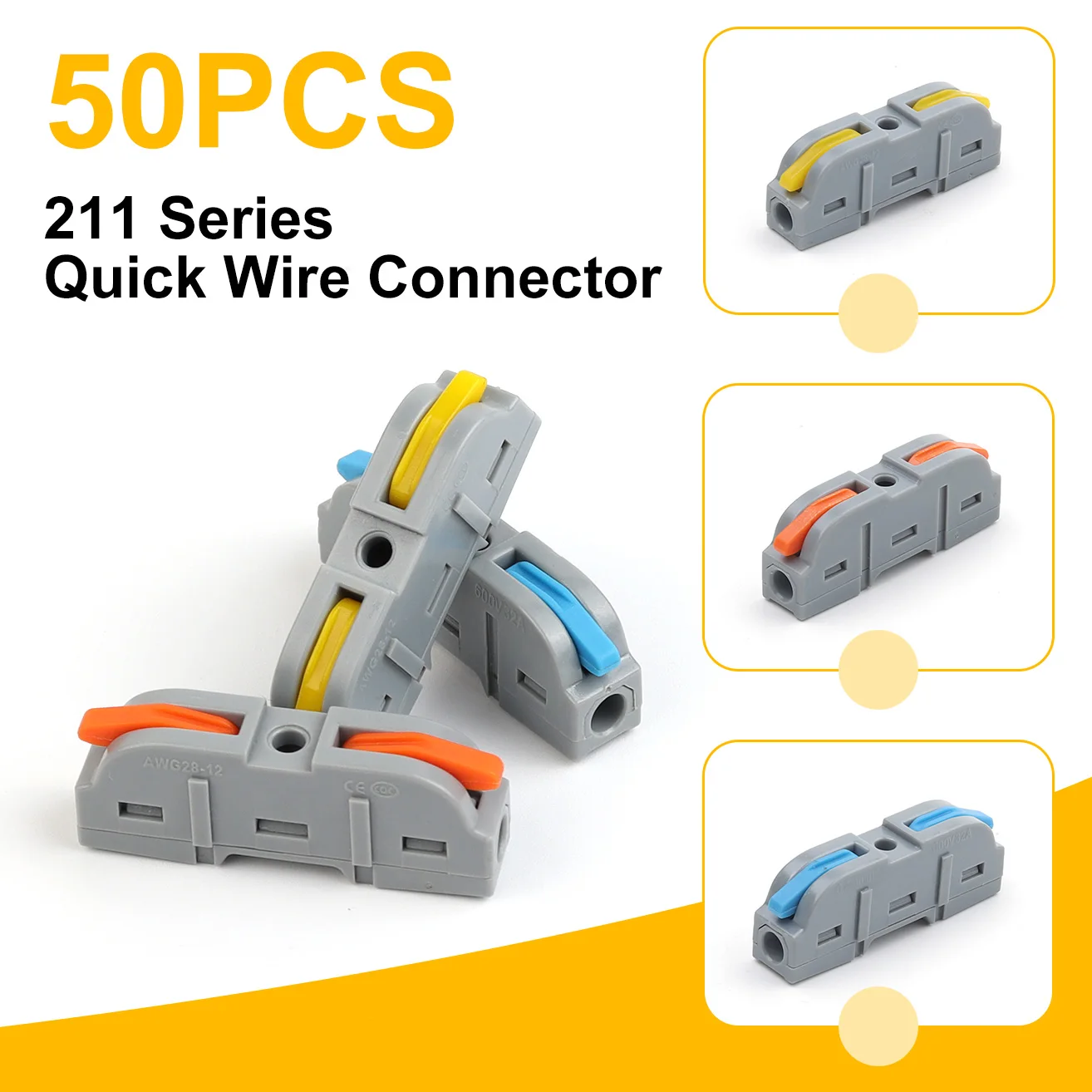 ขั้วต่อสายไฟแบบก้านโยก 50 ชิ้น 1 ต่อ 1 แบบเสียบตรง ขั้วต่อสายไฟแบบหุ้มฉนวน ขั้วต่อไฟฟ้าอเนกประสงค์ขนาดกะทัดรัด AWG 28-12 1