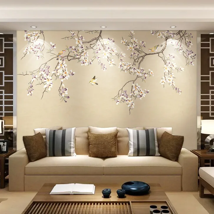 luxury hand made gold gilded wallpaper hand painted chinese wistasria bedroom living study dining room porch sofa tv wall paper Customized Hand-Painted Magnolia Flowers and Birds Paintings/Wallpaper Bedroom/Living/Study/Dinning Room Sofa/TV Wallcovering