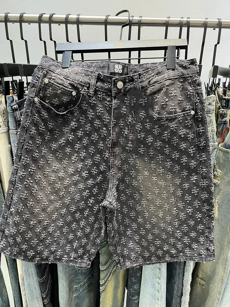 Fashion Casual Summer Light Blue Distressed Men Denim Shorts Smart Straight Leg Loosen Male High Street Niche Design Tide Shorts 3