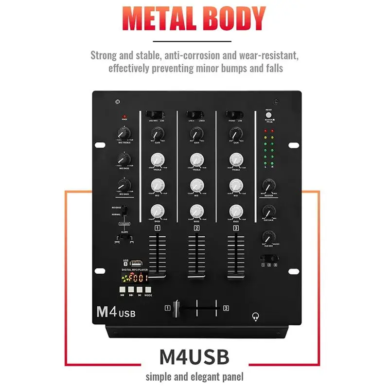 L19-내장형 오디오 인터페이스 3채널 USB DJ 믹서, 교체 가능한 크로스페이더, 3밴드 EQ, 마이크 입력, 미국 플러그 포함