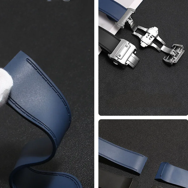 Sleek Silicone Rubber Watch Strap with Metal Buckle - Black and Blue