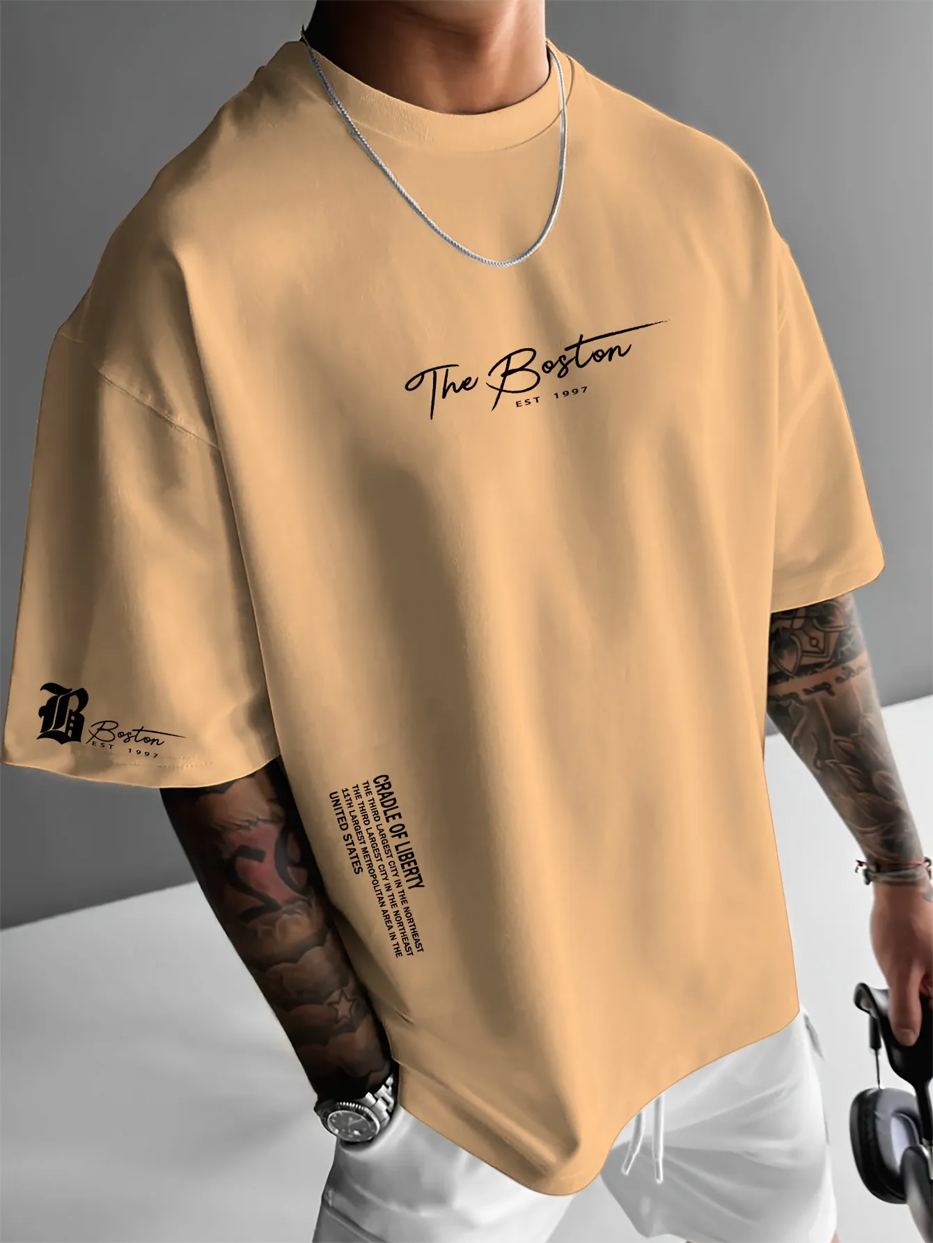 Men's Casual Fashion Kid T-Shirt 3D Print, Boston Slogan Letter, Crew Neck Pullover Polyester Summer Daily Outdoor Sports Casual