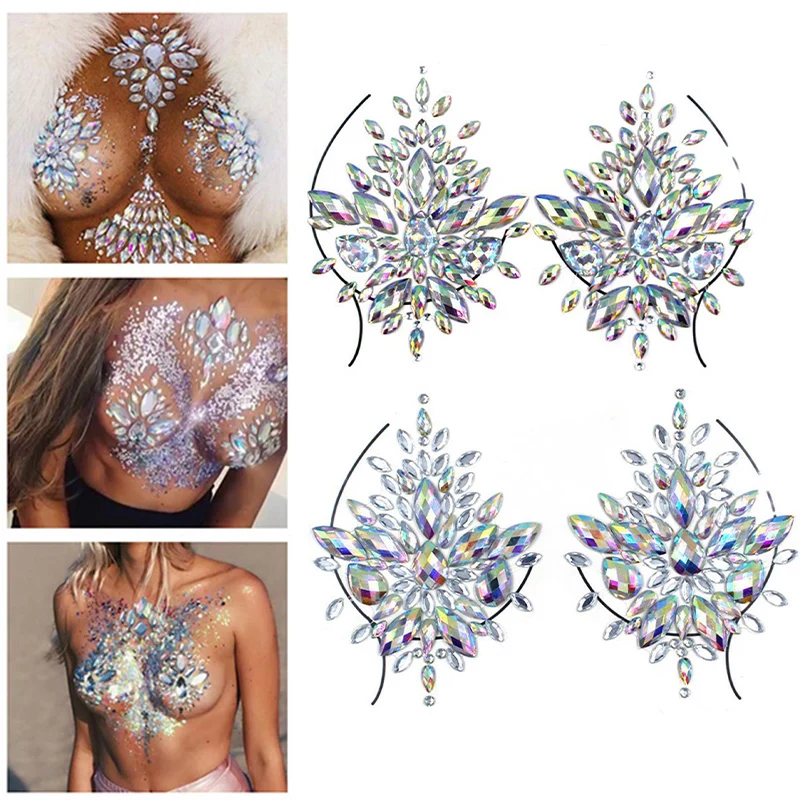 Acrylic Colorful Crystal Breast Chest Paste Sexy Breast Self Adhesive Stickers Breathable Nipple Bra Breast Stickers uv transfer paste customized logo three dimensional sense of pressure stickers transparent self adhesive hollowed out crystal