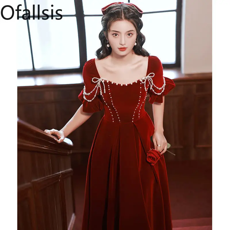 

Ofallsis French Square Neck Beaded Toast Dress Bride 2024 New Summer Home Engagement Wine Red Suitable Party Dresses Female