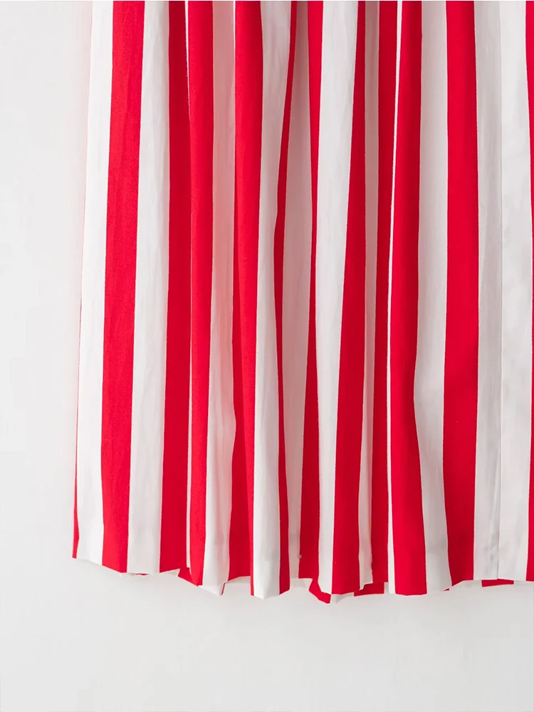 Women's Red White Stripe Skirt Summer Ruffle Bow Midi Skirt Chic Fashion Elegant Women Holiday Beach Long Skirt 2025