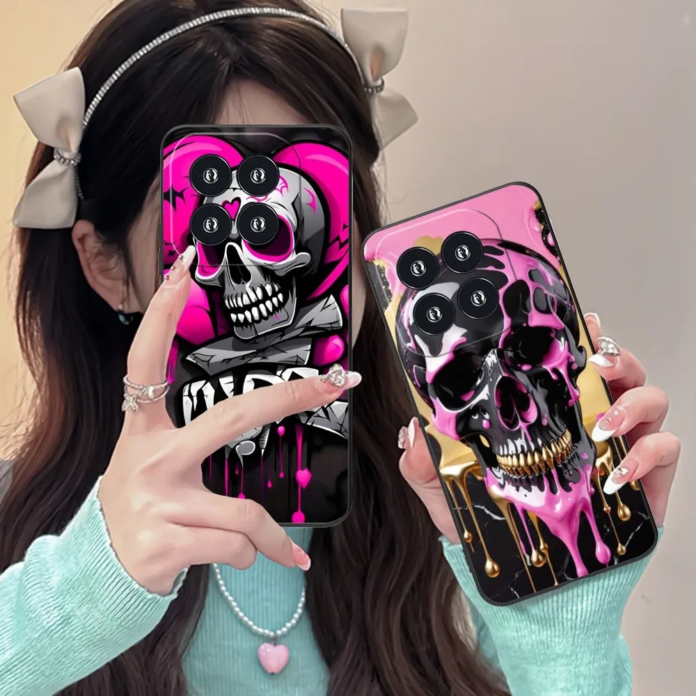 Cool Pink Skull Mobile Cell Phone Case For Xiaomi 14 13 12 11 10 9 T Ultra Lite Pro S Se X 5G Black Soft Phone Cover Funda