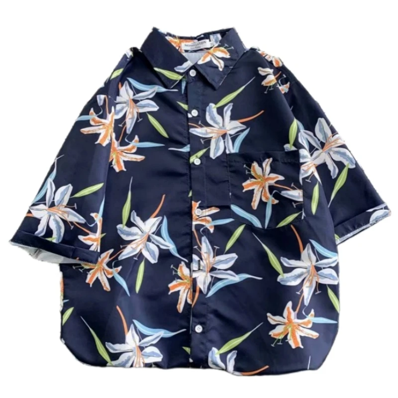 Summer Men's Thin Short Sleeve Floral Shirt Fashion Handsome Casual Slim Fit Hawaiian Beach Vacation Shirt Jacket