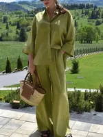 MUJER 2025 Women Pants Sets Oversize Casual Shirt Fashion Linen Set Woman Two Pieces Wide Leg Baggy Pants Suit Summer Outfit - Image 3