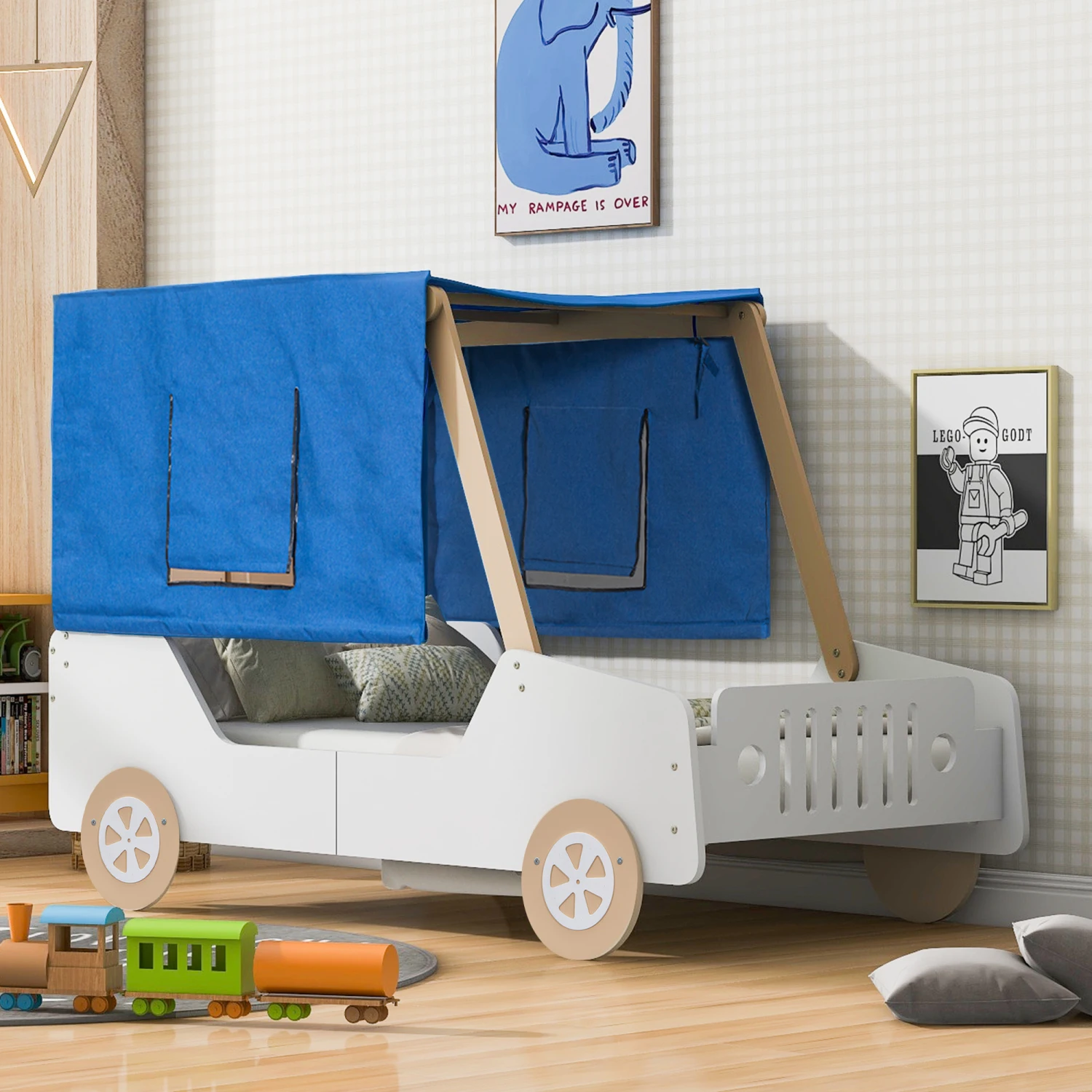 

White and Natural Twin Size Car Shaped Bed with Fun Tents for Kids' Bedroom Decor, Cozy and Stylish Design for Sleep and Play
