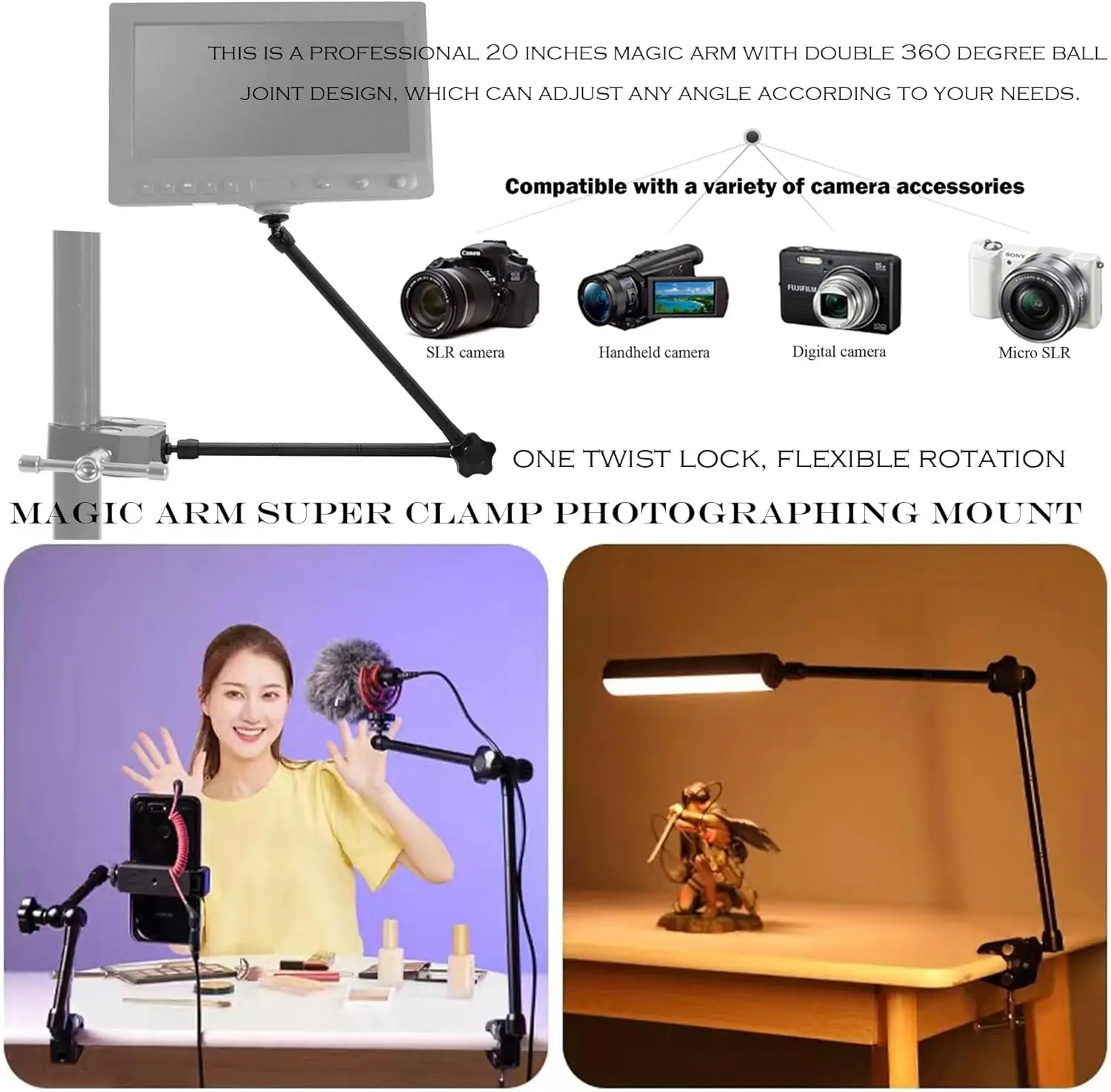 thumbnail image 2 of 22 Inch Magic Articulating Arm – 360° Ball Head With 1/4" Screws For Lights, Mics, Cameras 2 of 14