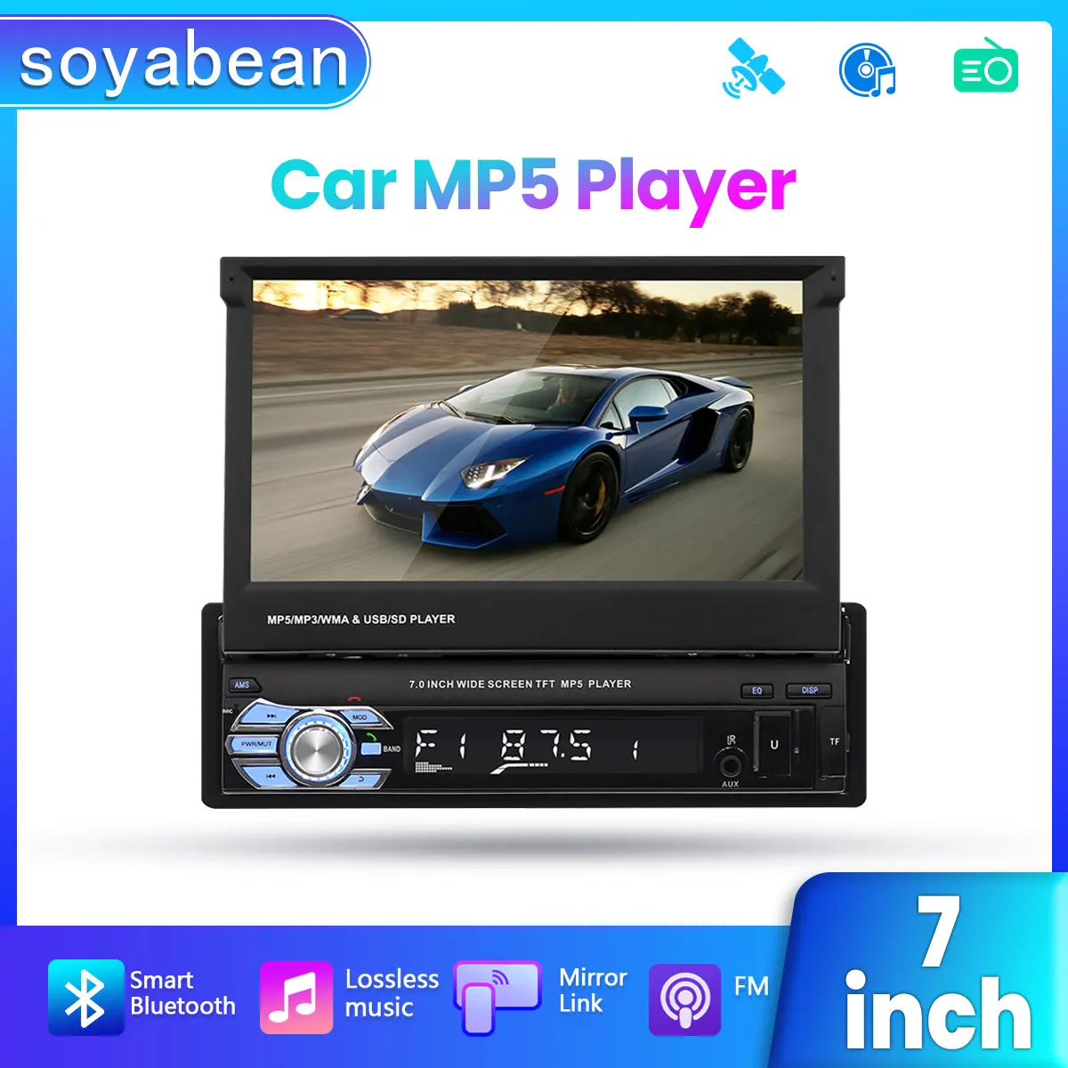 

1Din Car Radio Multimedia MP5 Player, 7 inch Universal Navigation with Android Auto & Bluetooth, HD Screen USB TF FM Stereo