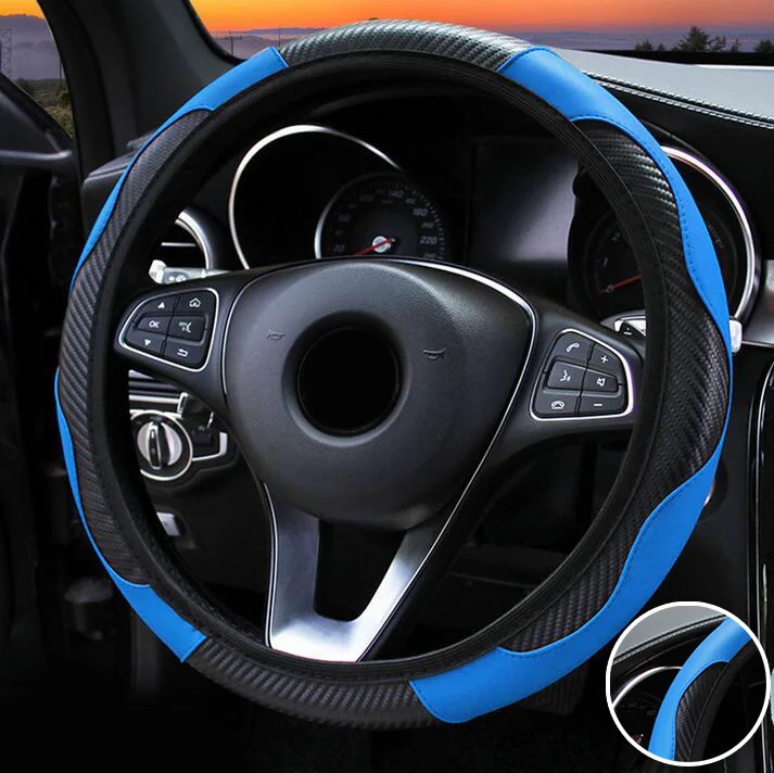 

Fashion 38CM Car Steering Wheel Cover Carbon Fiber Leather Blue & Black Elastic Style For 37-38CM Diameter Steering Wheel