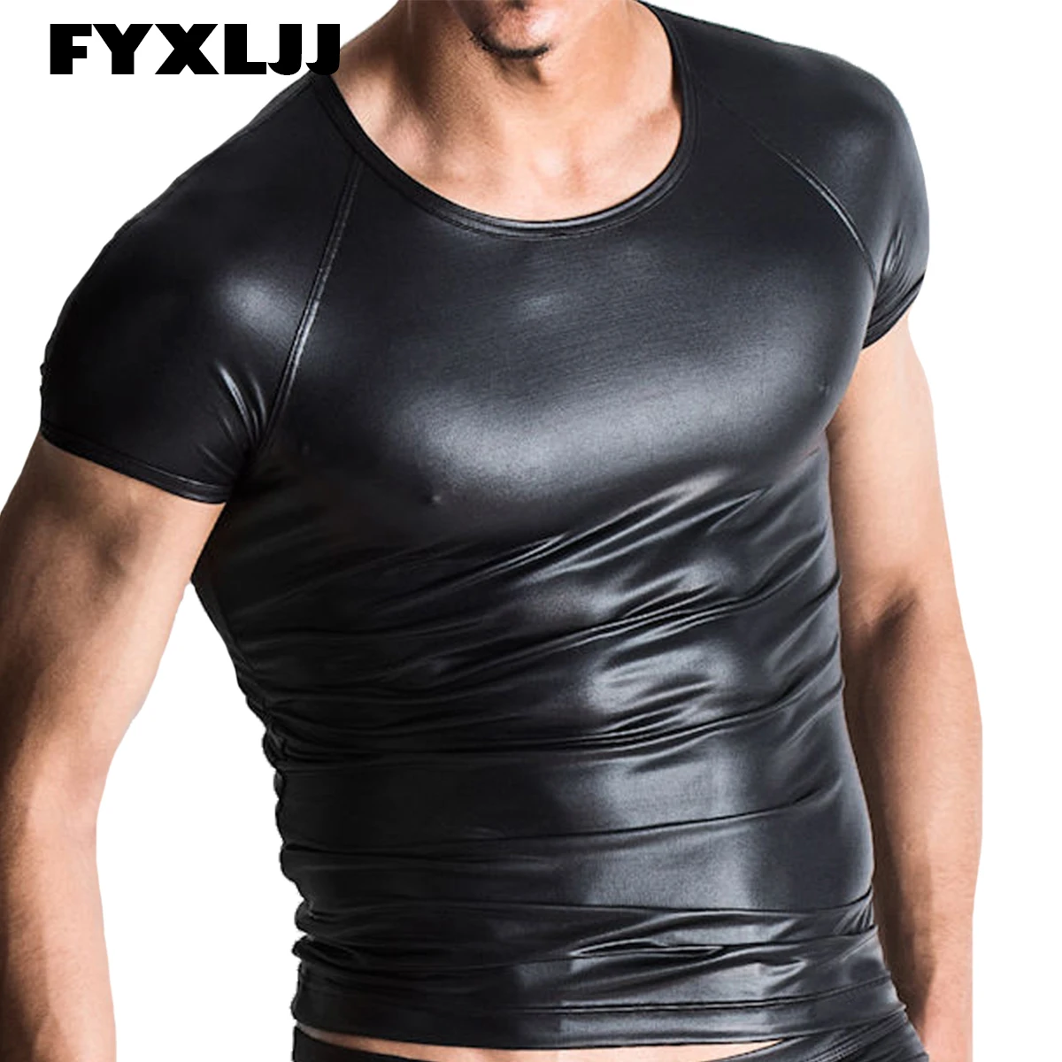 

FYXLJJ Men's Black Faux Leather Tops Pu Leather Short Sleeve T-shirts Clubwear Slim Bar Stage Performance Tee Shirt Muscle Tops