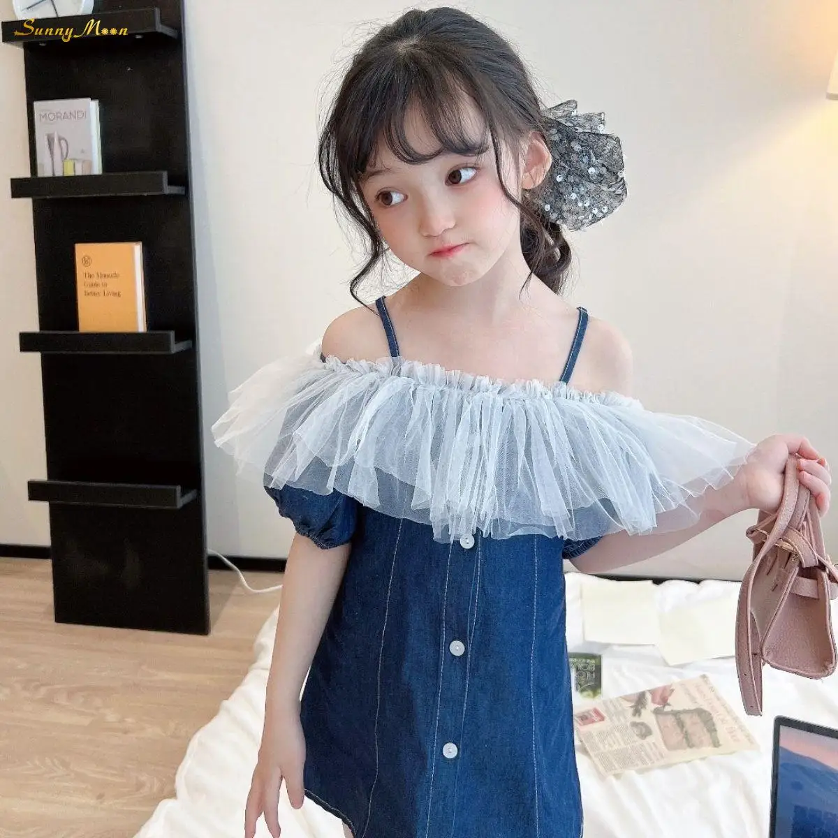 

Fashion Baby summer Girl infant toddler child Cute denim one-line shoulder sling mesh gauze ruffled princess dress 1-12Y