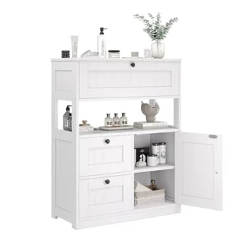 Bathroom Cabinet, Modern Bathroom Floor Storage Cabinet Organizer with 1 Door and 3 Drawers, Freestanding Cupboard for Kitchen/ 1