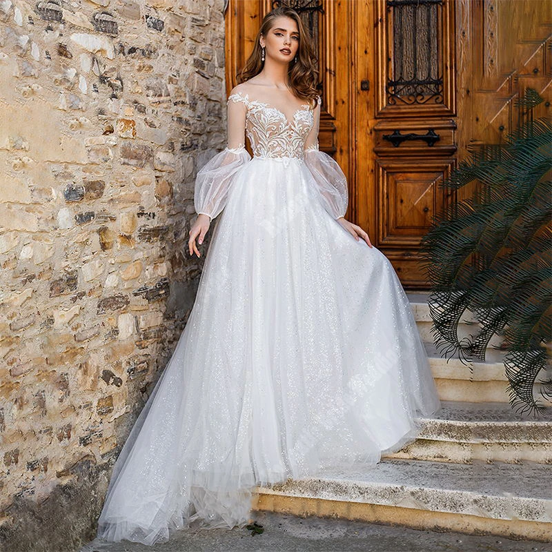 Čistý bílý ženy svatební šaty romantické tyl povrch dlouhé rukávy svatební gowns vytírání délka kněžna vestido de novias 2024