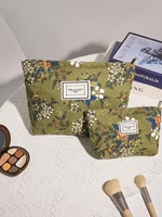 Olive Green Zipper Closure Cosmetic Bag With Flower Print Vintage Pattern Corduroy Makeup Bag Multifunctional Portable Pouch 2