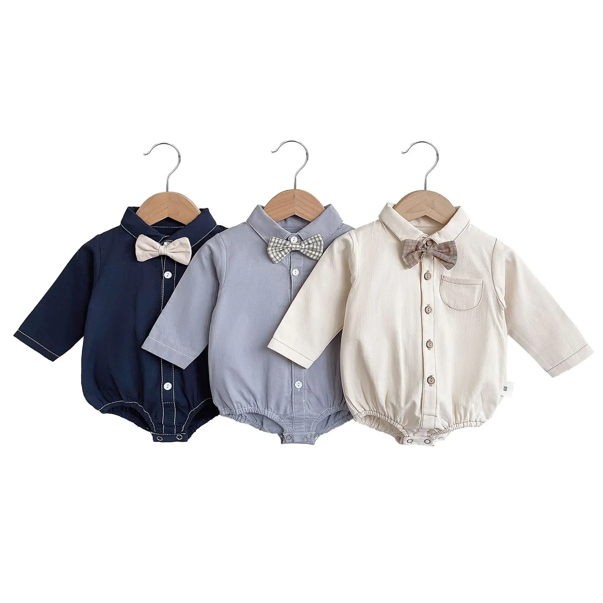 Long Sleeve Onesie with Bow Tie for Baby Boys Infant Gentleman Suit Korean Style Crawling Suit with Butt Cover 0-2 Years Old