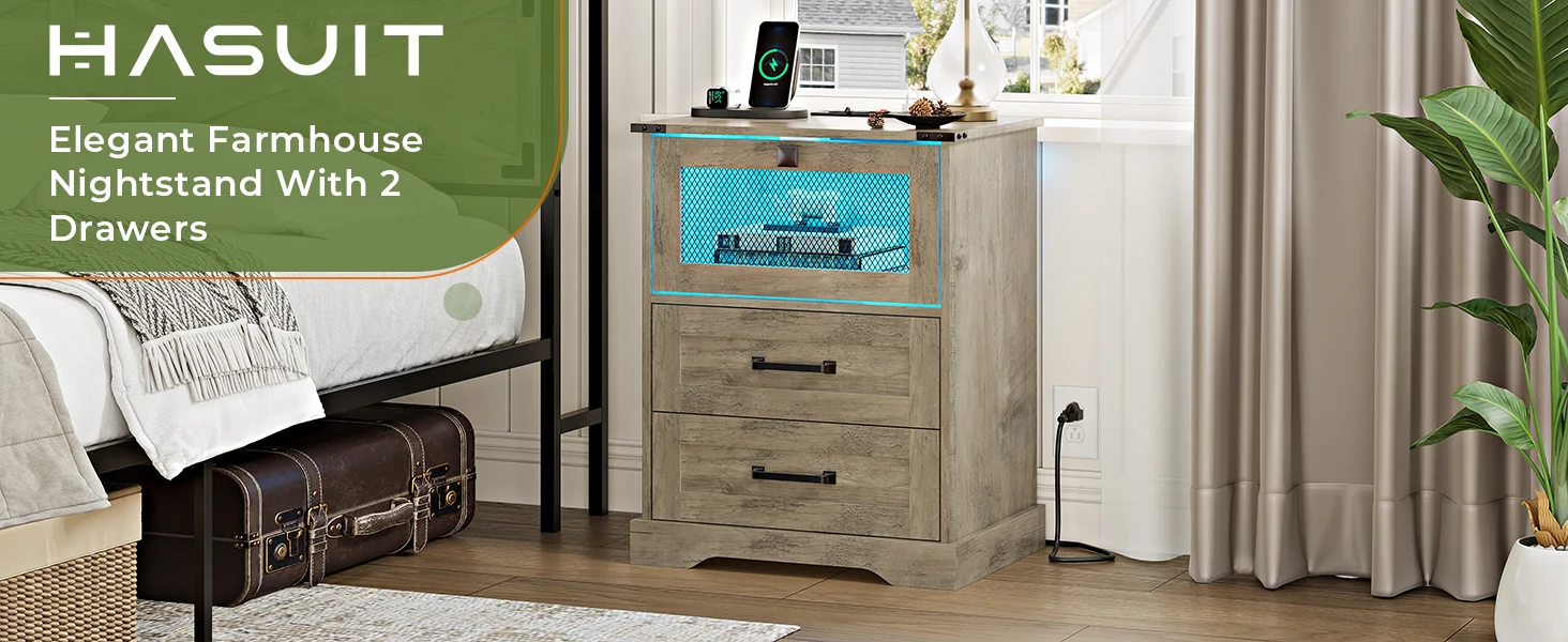 Rustic Oak Farmhouse Nightstand Set of 2 with LED Lights, Charging Station & Cubby Bedroom Furniture Storage Organizer