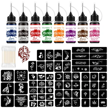 Kit per tatuaggi temporanei da 8 bottiglie Inchiostro per tatuaggi temporanei a 8 colori con 62 stencil per tatuaggi per tatuaggi finti fai da te con pittura per il corpo di Halloween