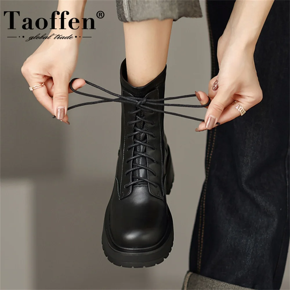 

Taoffen Genuine Leather Women Ankle Boots 2023 Vintage Soft Leather Low Heel Antiskid Platform Lace Up Motorcycle Booties