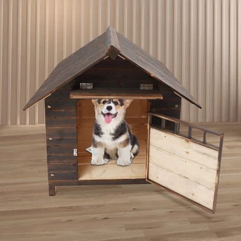 Pet Dog House With Window and Door, Welsh Corgi French Bulldog, Outdoor Garden Solid Wood Breathable Courtyard Puppy Villa Patio 5