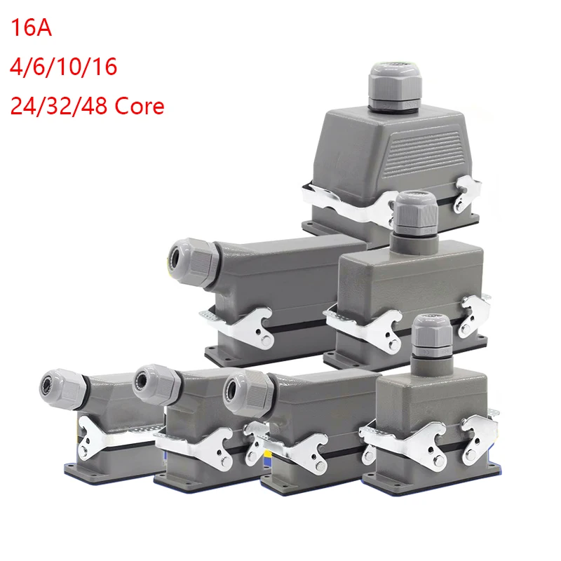Conector Resistente Retangular Industrial Hdc-he4 10 16 20 24 32 48 Núcleo Pino 16a Impermeável Aviação Plug Superior e Lateral