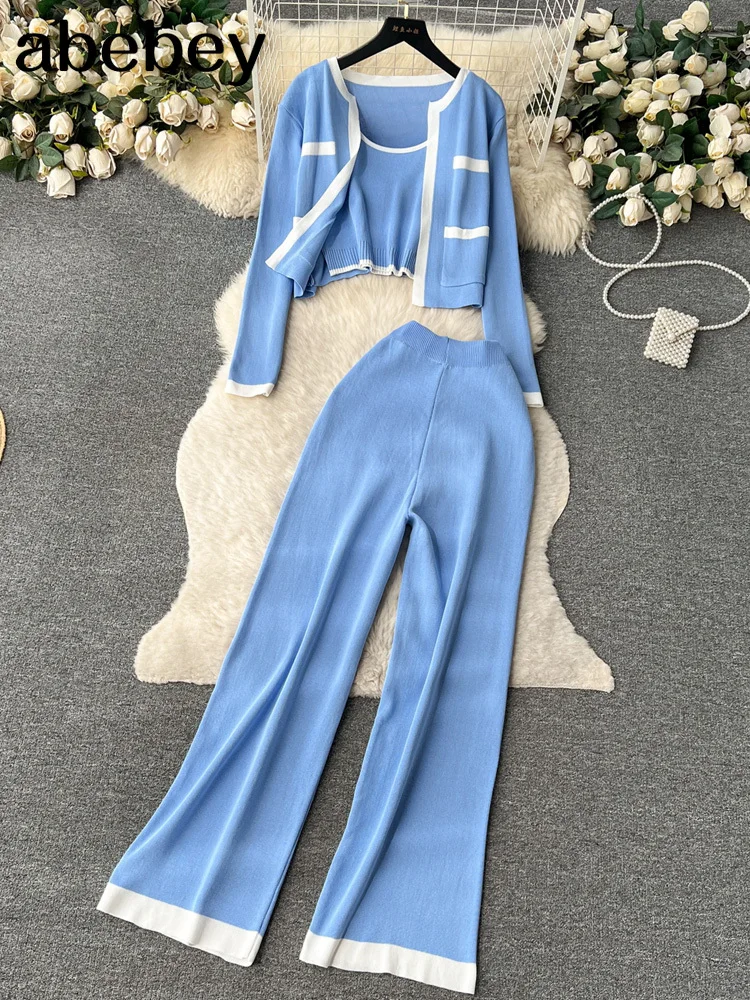 

Autumn Knitted Three Pieces Sets 2023 Slim Tank Top+Long Sleeves Short Cardigan+Elastic Long Pants Fashion Sweater Set