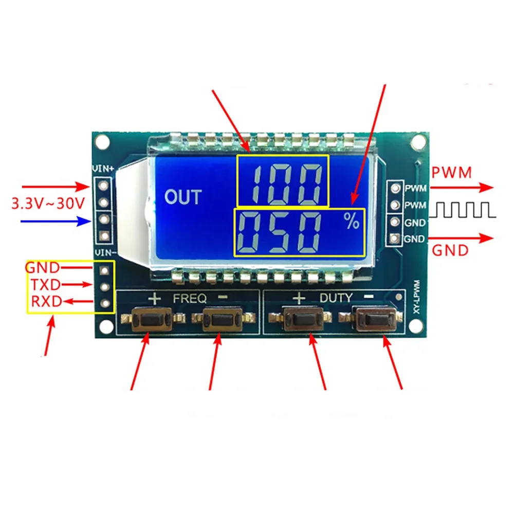 Adjustable PWM Pulse Frequency Duty Cycle Module with LCD Display