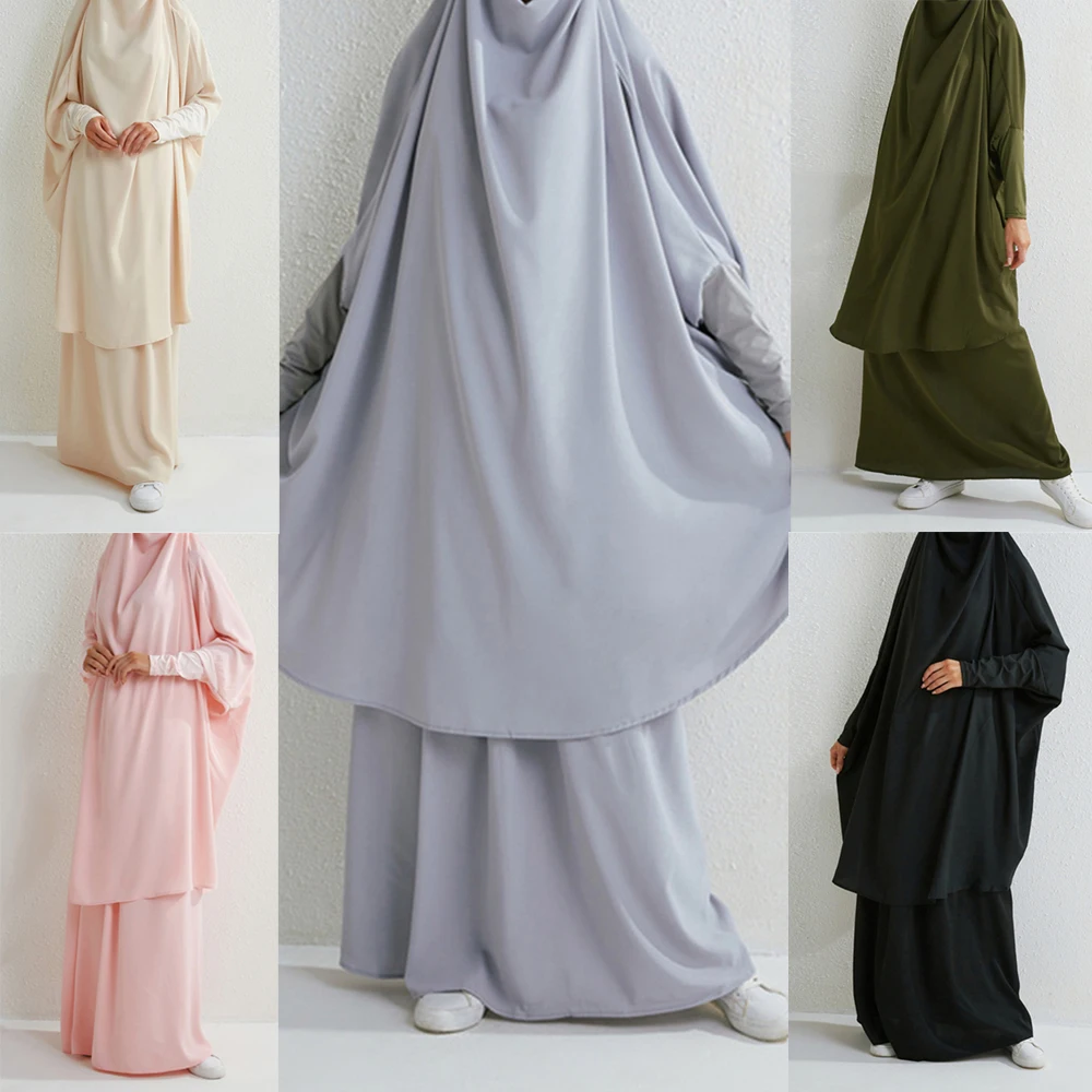 

2pcs Eid Ramadan Abaya Hooded Muslim Women Long Maxi Skirt Set Turkey Khimar Islam Prayer Arab Robe Kaftan Burqa Dress Clothing
