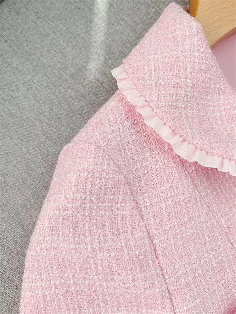 

Spring Summer Pink Doll Collar Mini Dress Women French S Fashion Elegant Vintage Sweet Fake Two Short Sleeve Skirt Robe