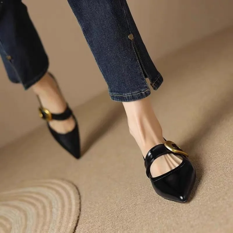 2024 New Flat Bottom Temperament Women's Single Shoes Autumn Pointed French One Button Mary Jane Soft Sole Shoes for Women 35-40 5