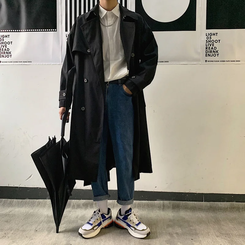 Men Khaki Trench Double Breasted Belt Long Windbreaker Male Handsome Autumn Winter Thicken Overcoat England Style Punk Coats New