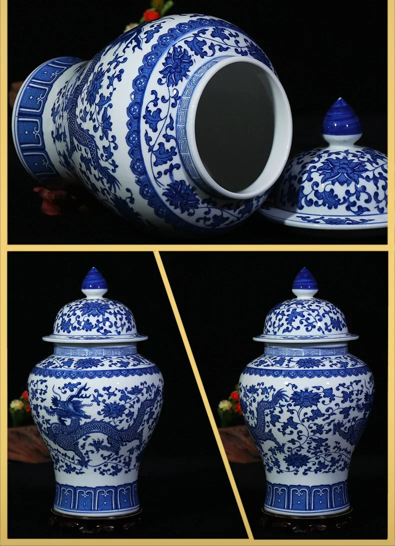 Chinese Blue and White Porcelain Floral Temple Jar Vase Dragon landscape Ceramic Ginger Jar with lid Oriental vases decoration 5