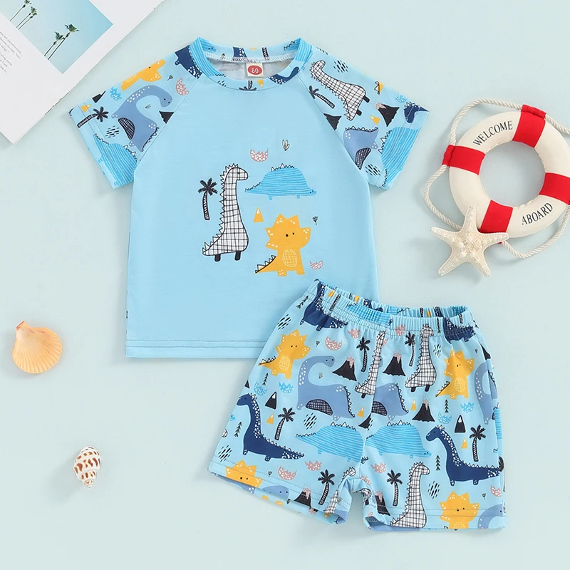 

Baby Boys Swimsuit Set Summer Dinosaur Printed Short Sleeve Rash Guard and Swim Trunks Swimwear Beachwear